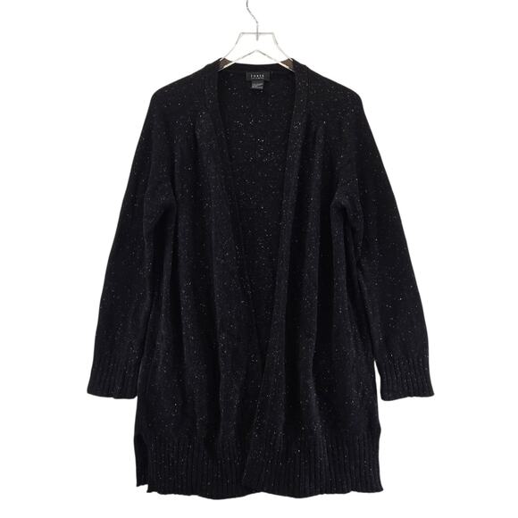 Forte 100% Cashmere Long Cardigan Sweater Womens Large Black White Speckles Luxe - Picture 1 of 9